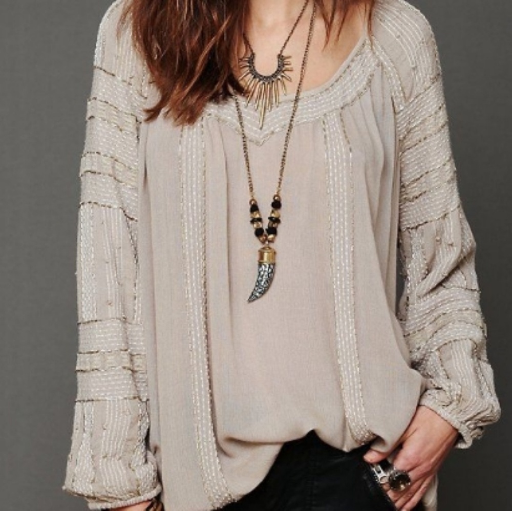 Free People Beaded Beige Wavelengths Tunic
